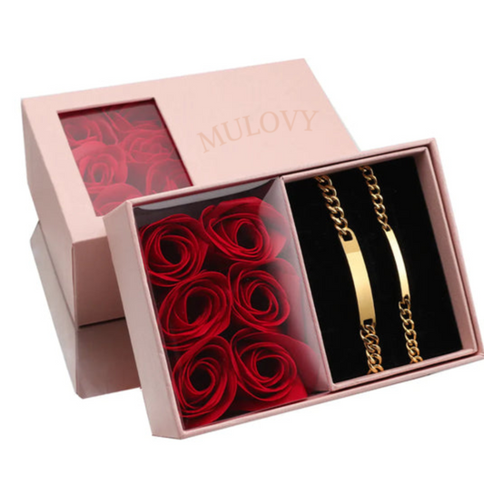🌹 Ensemble de bracelets gravés - avec boîte de roses éternelles